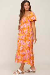 Orange Floral Square Neck Short Puff Sleeve Maternity Midi Dress