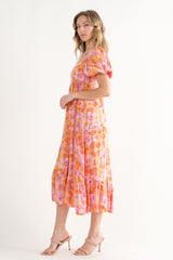 Orange Floral Square Neck Short Puff Sleeve Midi Dress