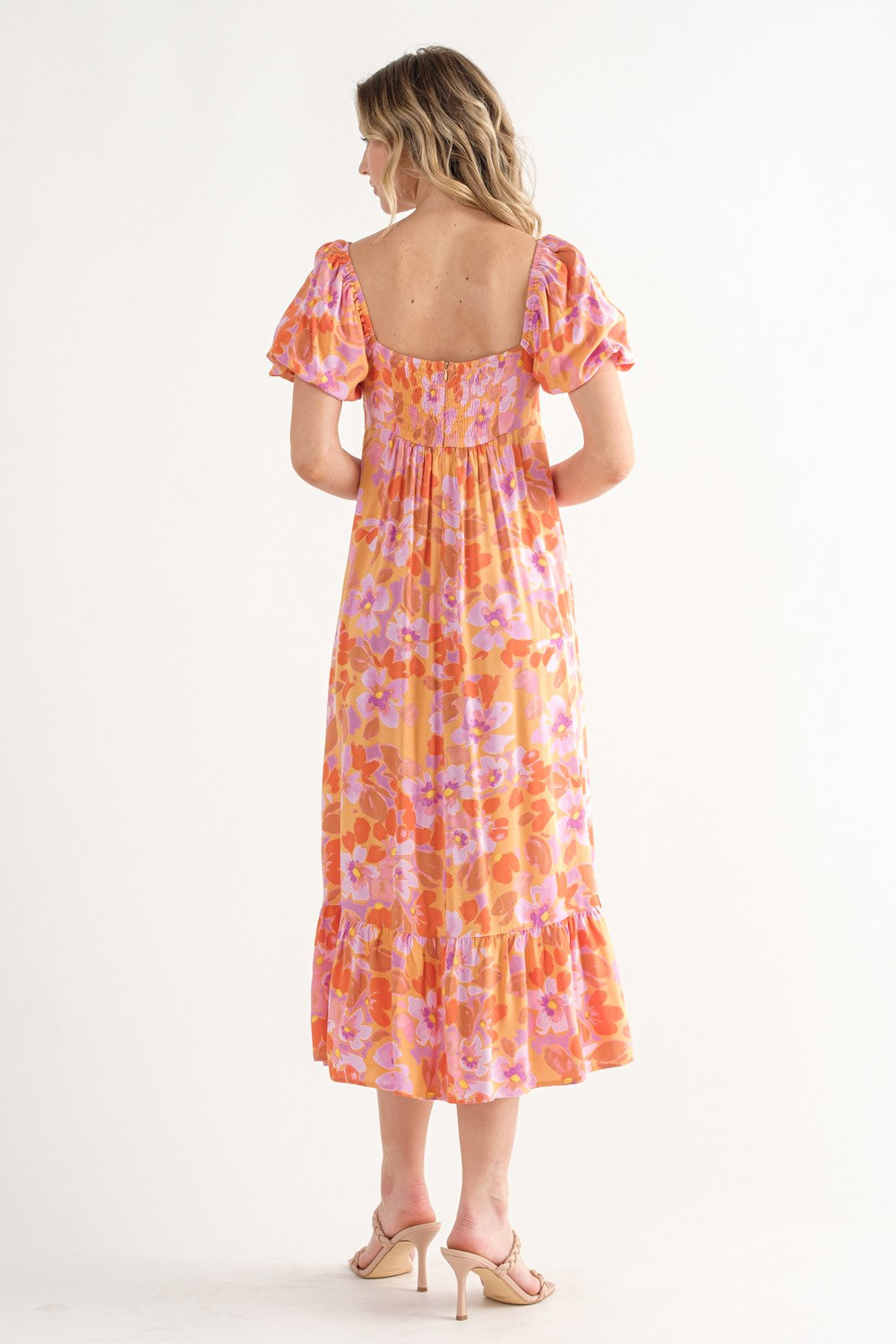 Orange Floral Square Neck Short Puff Sleeve Midi Dress– PinkBlush