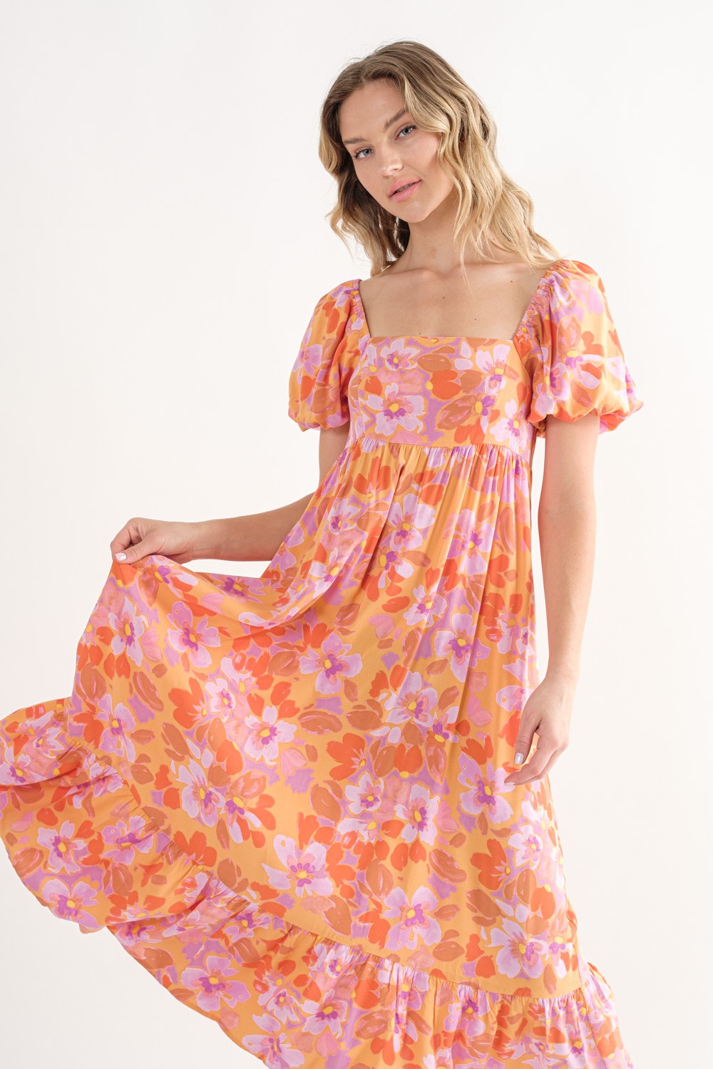 Orange Floral Square Neck Short Puff Sleeve Midi Dress– PinkBlush