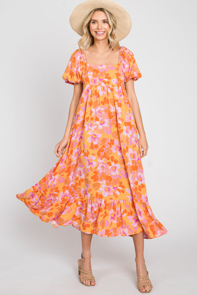 Orange Floral Square Neck Short Puff Sleeve Midi Dress– PinkBlush