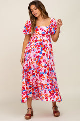 Fuchsia Floral Square Neck Short Puff Sleeve Maternity Midi Dress