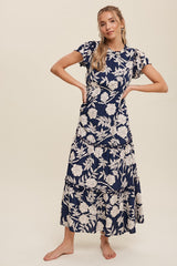 Navy Floral Tiered Ruffle Accent Maternity Maxi Dress