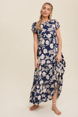 Navy Floral Tiered Ruffle Accent Maxi Dress