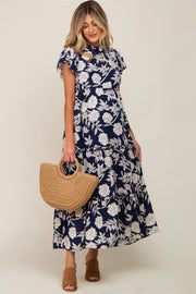 Navy Floral Tiered Ruffle Accent Maternity Maxi Dress