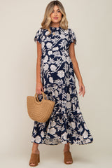 Navy Floral Tiered Ruffle Accent Maternity Maxi Dress