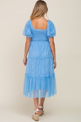 Light Blue Tulle Smocked Tiered Maternity Midi Dress