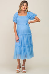 Light Blue Tulle Smocked Tiered Maternity Midi Dress