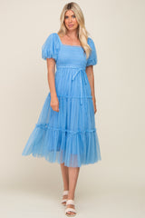 Light Blue Tulle Smocked Tiered Midi Dress