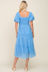 Light Blue Tulle Smocked Tiered Midi Dress