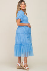 Light Blue Tulle Smocked Tiered Maternity Midi Dress