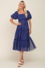 Navy Tulle Smocked Tiered Maternity Midi Dress