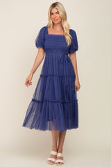 Navy Tulle Smocked Tiered Midi Dress