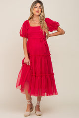 Magenta Tulle Smocked Tiered Maternity Midi Dress