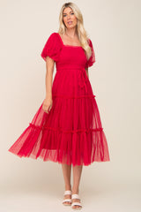 Magenta Tulle Smocked Tiered Midi Dress