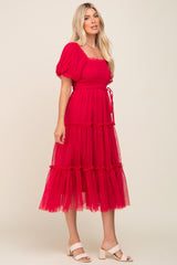 Magenta Tulle Smocked Tiered Midi Dress