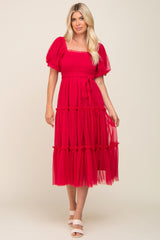 Magenta Tulle Smocked Tiered Midi Dress