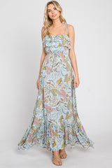 Blue Floral Ruffle Top Back Cutout Maternity Maxi Dress