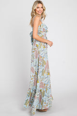 Blue Floral Ruffle Top Back Cutout Maxi Dress