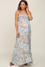 Blue Floral Ruffle Top Back Cutout Maternity Maxi Dress