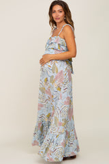 Blue Floral Ruffle Top Back Cutout Maternity Maxi Dress