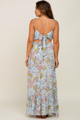 Blue Floral Ruffle Top Back Cutout Maternity Maxi Dress