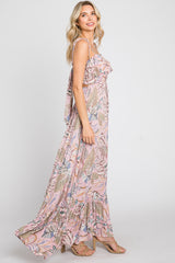 Pink Floral Ruffle Top Back Cutout Maxi Dress