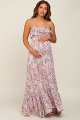 Pink Floral Ruffle Top Back Cutout Maternity Maxi Dress