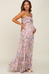 Pink Floral Ruffle Top Back Cutout Maternity Maxi Dress