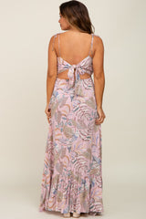 Pink Floral Ruffle Top Back Cutout Maternity Maxi Dress