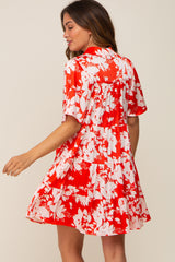 Red Floral Collared Tiered Maternity Dress