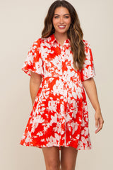 Red Floral Collared Tiered Maternity Dress