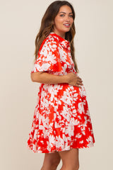 Red Floral Collared Tiered Maternity Dress