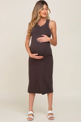 Brown Racerback Fitted Maternity Midi Dress