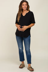 Black Oversized V-Neck Cuffed Short Sleeve Maternity Tee