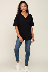 Black Oversized V-Neck Cuffed Short Sleeve Tee