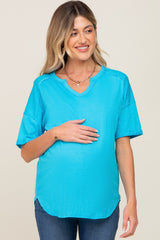 Aqua Oversized V-Neck Cuffed Short Sleeve Maternity Tee