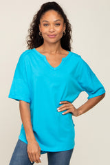 Aqua Oversized V-Neck Cuffed Short Sleeve Tee