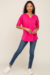 Fuchsia Oversized V-Neck Cuffed Short Sleeve Tee