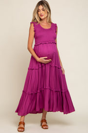 Magenta Smocked Ruffle Tier Maternity Maxi Dress