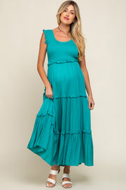 Turquoise Smocked Ruffle Tier Maternity Maxi Dress