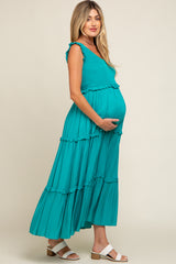 Turquoise Smocked Ruffle Tier Maternity Maxi Dress