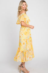 Yellow Floral Flounce Off Shoulder Midi Dress