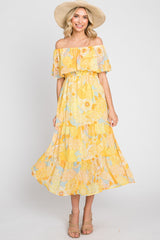 Yellow Floral Flounce Off Shoulder Midi Dress