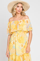 Yellow Floral Flounce Off Shoulder Midi Dress