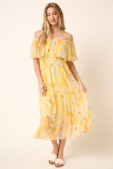 Yellow Floral Flounce Off Shoulder Midi Dress