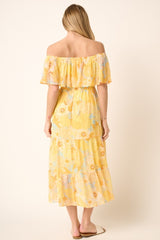 Yellow Floral Flounce Off Shoulder Midi Dress