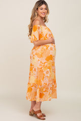 Orange Floral Flounce Off Shoulder Maternity Midi Dress