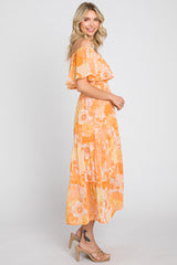 Orange Floral Flounce Off Shoulder Midi Dress