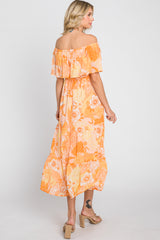 Orange Floral Flounce Off Shoulder Midi Dress